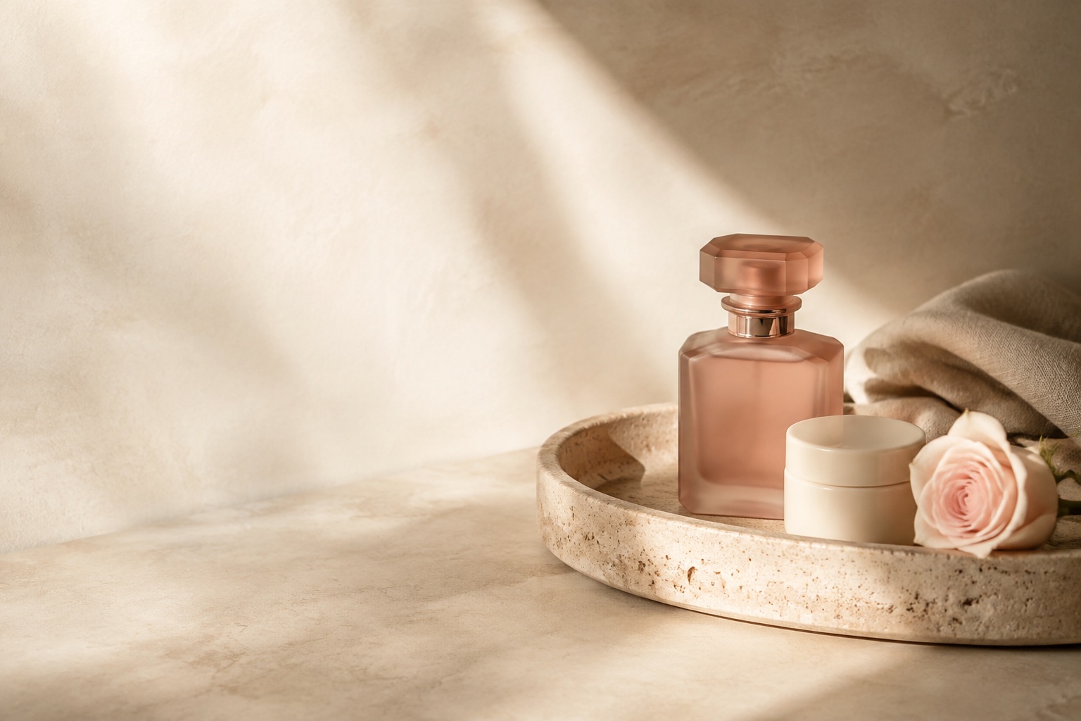 Rose glass bottle and skincare on a sunlit stone vanity